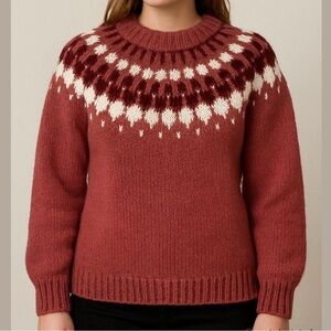 HANDKNIT fisherman fair isle sweater crew neck long sleeves raspberry medium